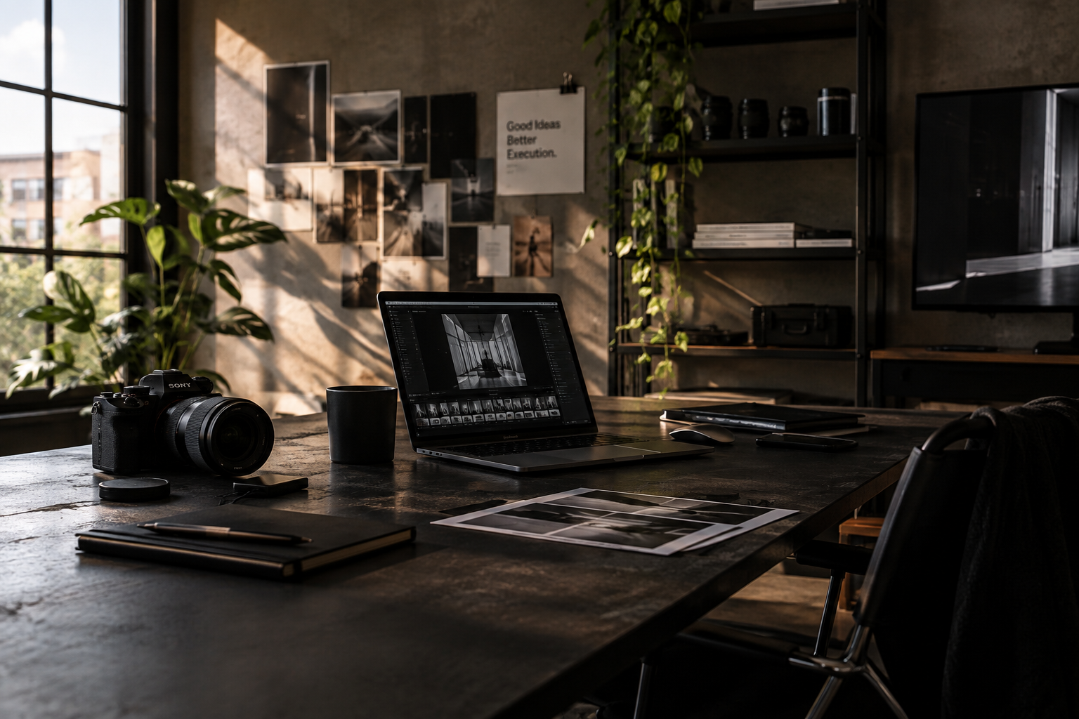 A photographer intensely edits images using a laptop in a bright studio setting.